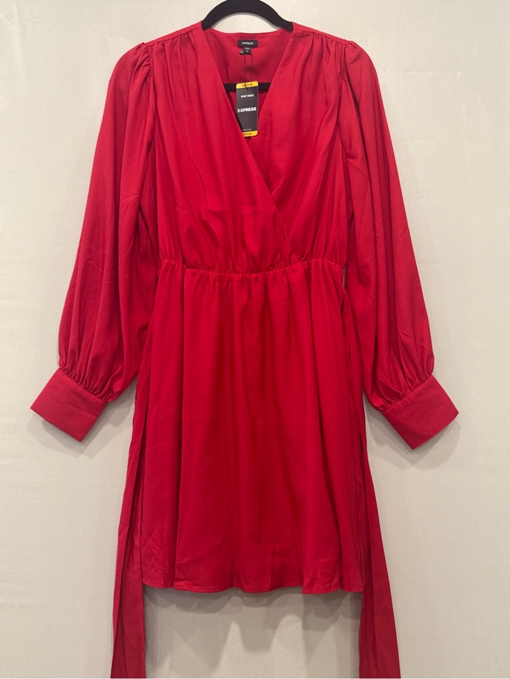 Express Women’s Red Wrap Mini Dress Long Sleeve Elastic Waist Size Medium NWT